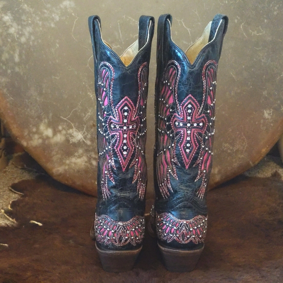 CORRAL A1049 pink/black Wing & cross snip toe blingy cowgirl western boots sz 6 - Picture 9 of 16